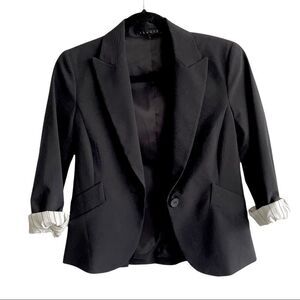 Theory Wool Stretch Cropped Boyfriend Blazer Black Pinstripe 2